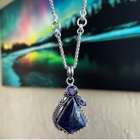 925 Sterling silver overlay amethyst & dark blue sodalite gem boho necklace - Picture 7 of 9